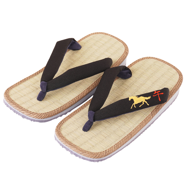 雪駄 午刺繍 ブラック花緒 い草畳 雪駄【メンズ】|H61 黒