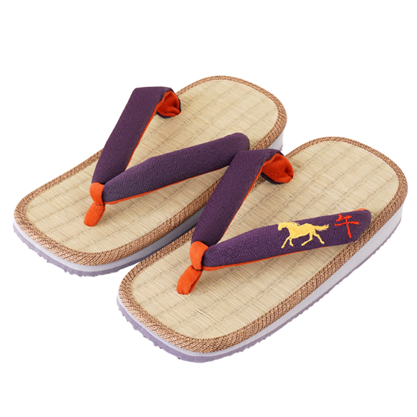 雪駄 午刺繍 パープル花緒 い草畳 雪駄【レディース】｜H61 紫