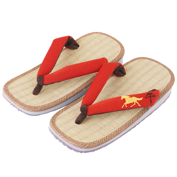 雪駄 午刺繍 レッド花緒 い草畳 雪駄【ユニセックス】｜H61 赤