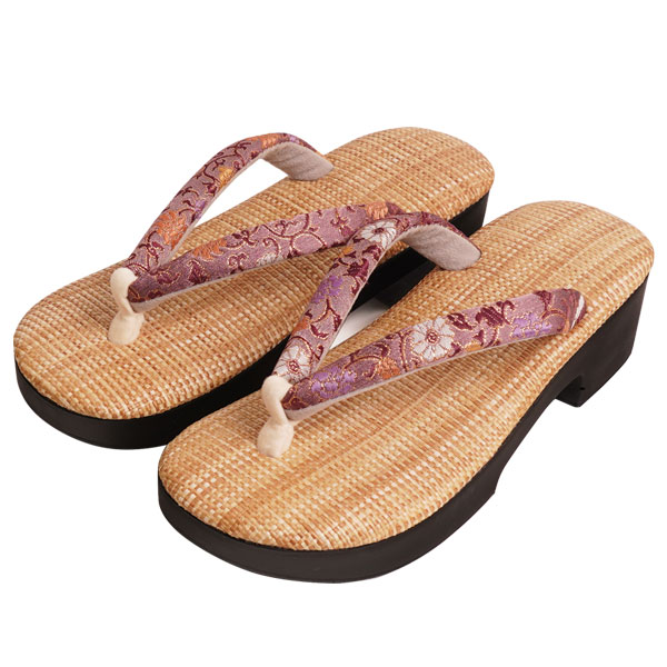 雪駄 ラタンメッシュ生成 金襴刺紫牡丹模様 下駄型 【レディース】|R253